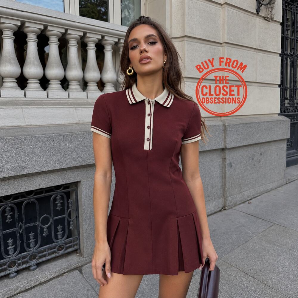 Zara NWT Burgundy Polo Tennis Pleated Mini Dress M